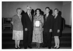 The Ray Bradbury Creativity Award is Given to Barbara Lazaroff, Holding Plaque, Standing with Bradbury at a Woodbury University Library Associates Lecture